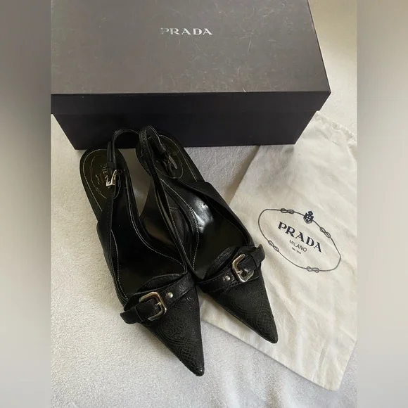 Prada Black Pointed Toe Slingback Heels with Buckle Accent - Picture 2 of 12